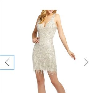 Mac Duggal, Sequin Bugle Beaded Fringe Dress